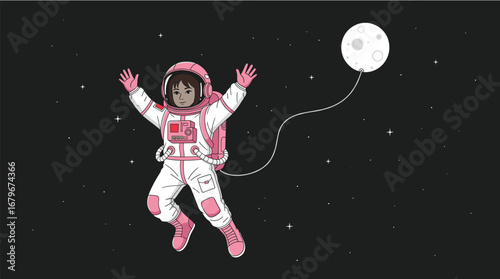 Whimsical astronaut floating in space tethered to moon, surreal cosmic illustration with stars, pink spacesuit, fantasy outer space concept