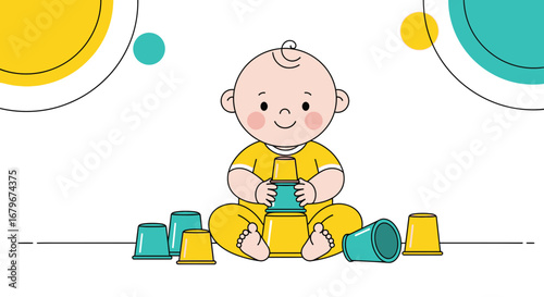 Happy Infant Playing With Colorful Cups, Building Blocks And Enjoying The Playtime