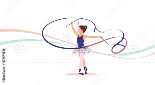 Graceful Ballerina Performing With Ribbon In Motion Against Abstract Background