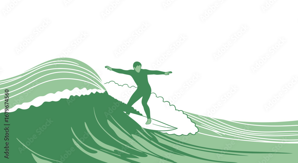 Fototapeta premium Green Silhouette Surfer Carves through Ocean Wave Achieving Dynamic Performance on Surfboard
