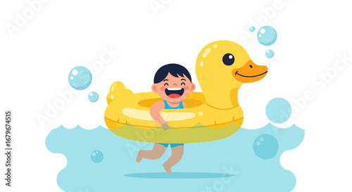 Happy Kid Enjoying Swimming in Duck Inflatable Pool Float with Bubbles