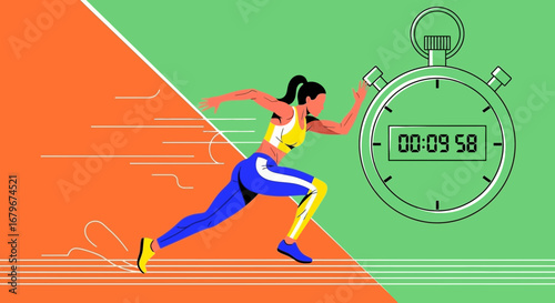 Graphic illustration of a female runner sprinting and timer showing the time