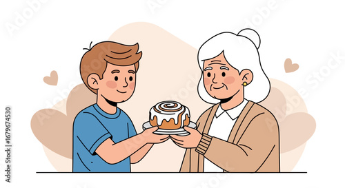 Grandson Offering Cinnamon Roll to Grandmother Depicting Family and Love
