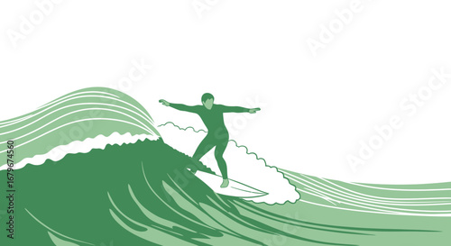 Green Silhouette Surfer Carves through Ocean Wave Achieving Dynamic Performance on Surfboard