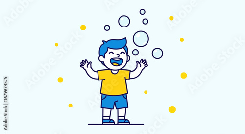 Happy kid playing with bubbles in a vibrant and playful illustration