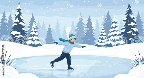 Winter ice skating scene with person on frozen pond surrounded by snowy trees, wearing seasonal clothes in peaceful outdoor forest landscape