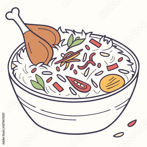 Illustration of a bowl of chicken biryani