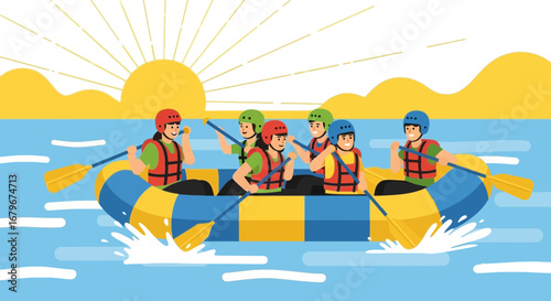Group Of Adventurous People White Water Rafting Enjoying The Sun And Water Sports