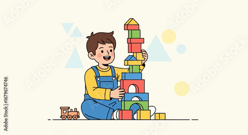 Happy little boy playing with colorful building blocks, creative game and child development