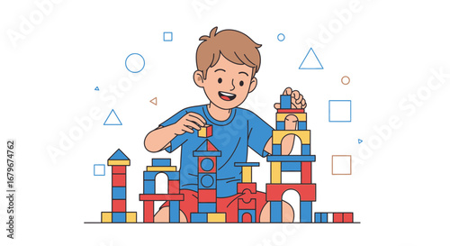 Happy little boy playing with colorful building blocks creates towers for fun and entertainment