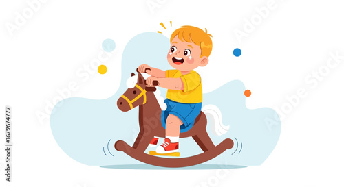 Happy Little Boy Riding a Rocking Horse for Fun and Joyful Childhood Moments