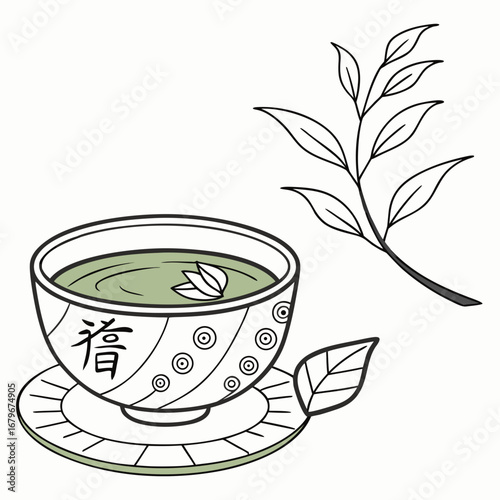Vector art of a cup of tea with a branch illustration