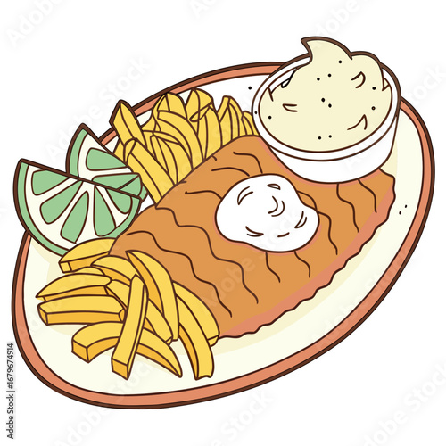 Vector art of cartoon fish and chips with lemon and tartar sauce