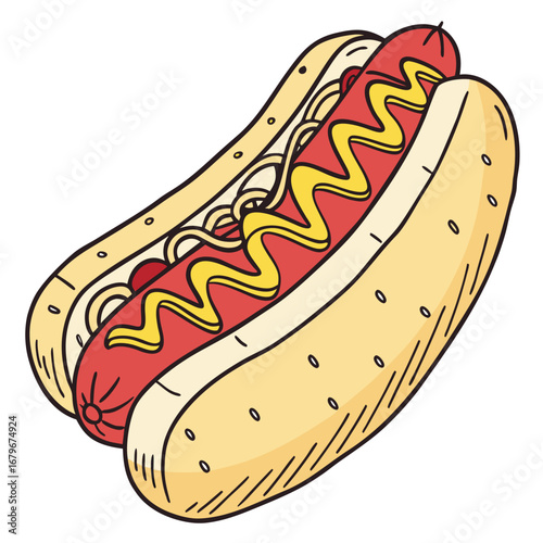 Vector art of cartoon hotdog with mustard illustration