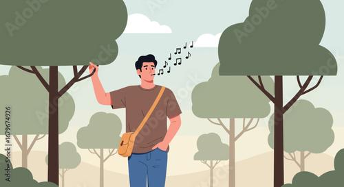 Happy Male Whistles Musical Notes Under Trees In The Nature Park Outdoors