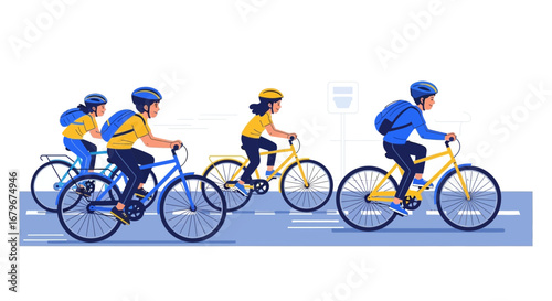 Group Of People Are Cycling On The Road, Wearing Helmets And Backpacks For Fun And Sport