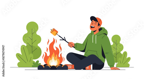 Happy man cooking marshmallows on a campfire enjoying a camping experience perfectly