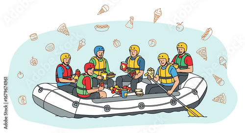 Group of People Enjoying Food on a Raft Representing Leisure and Lifestyle