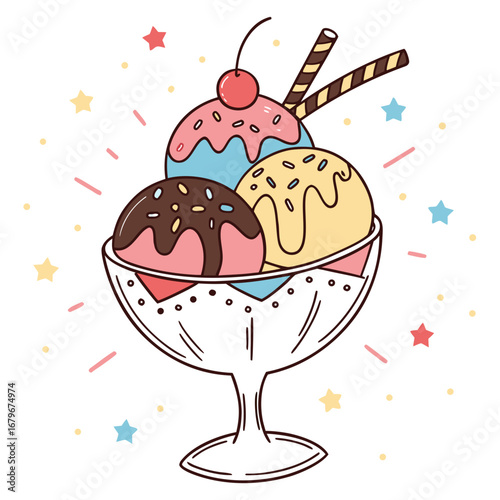 Vector art of cartoon ice cream sundae with cherry and chocolate
