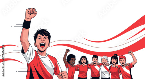 Group of people celebrating victory, illustration of friends and team success together