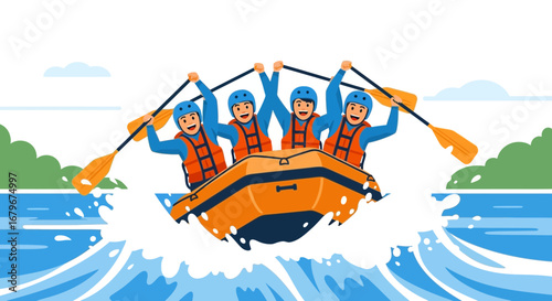 Group of people in a raft enjoying whitewater rafting on a river in nature