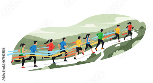 Group Of People Running Uphill Depicting Fitness, Health, and Competition