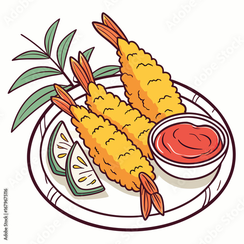 Vector art of delicious shrimp tempura with lemon and sauce