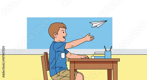 Happy Schoolboy Throws a Paper Airplane in Classroom, Education and Childhood Concept