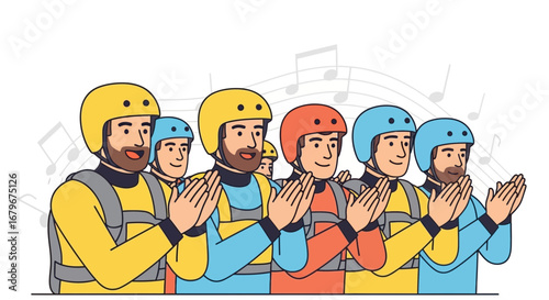 Group of people wearing helmets and applauding with musical notes behind them too.