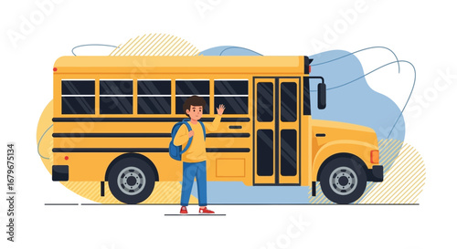 Happy Schoolboy Waving Goodbye Near A Yellow School Bus On A White Backdrop