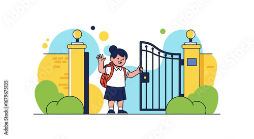 Happy schoolgirl with backpack waving goodbye in front of a school gate entrance
