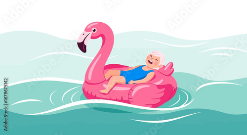 Happy Senior Woman Relaxing on a Flamingo Float in the Water Enjoying Summer