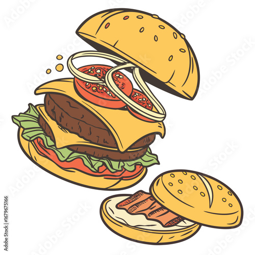 Vector art of exploding burger with beef patty, cheese, tomato and onion