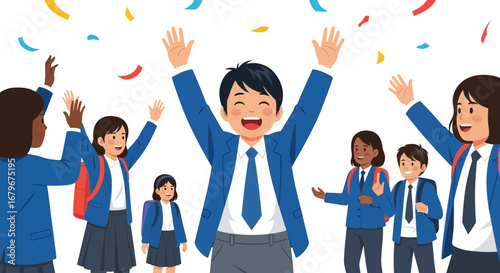 Happy Students Celebrating Success in School Wearing Uniforms Illustrative Vector