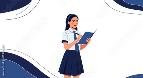 Happy Student Writes Notes In A Notebook With Decorative And Modern Graphical Elements