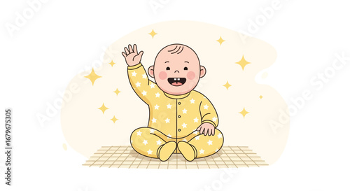 Happy Toddler in Starry Pajamas Waving and Smiling with Yellow Background