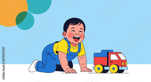 Happy Toddler Crawling Towards Toy Truck Representing Joyful Childhood Moments
