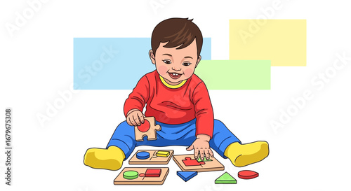 Happy Toddler Plays With Educational Toy While Smiling In Cheerful And Bright Illustration