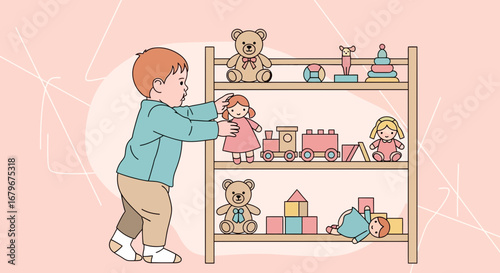 Happy Toddler Selecting Toys, Playing With Dolls And Plush Toys, Childhood Scene