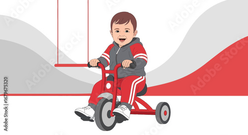 Happy toddler riding a red tricycle, vector illustration, isolated on white