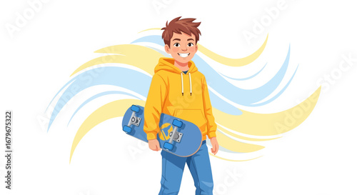 Happy And Smiling Skateboarder Holding a Board Against Abstract Background