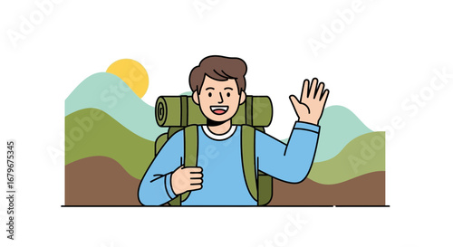Happy traveler waving hello with a backpack and mountains in the background traveling