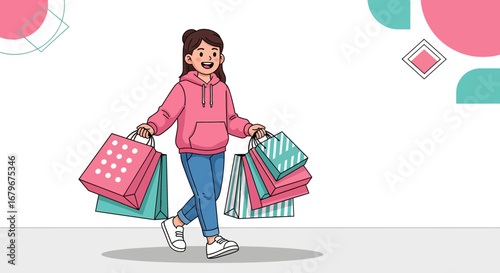 Happy Woman Carries Shopping Bags, Enjoying Day Out After a New Purchase