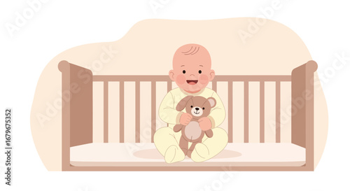 Happy Baby: Adorable Child in Crib Holding Toy, Cute Illustration of Early Childhood
