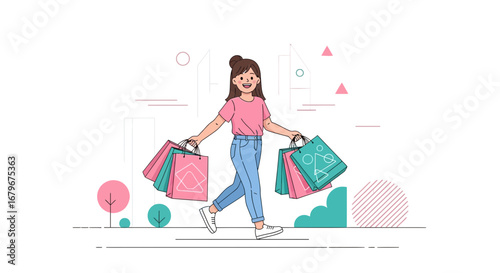 Happy woman carrying shopping bags after buying clothes at the mall