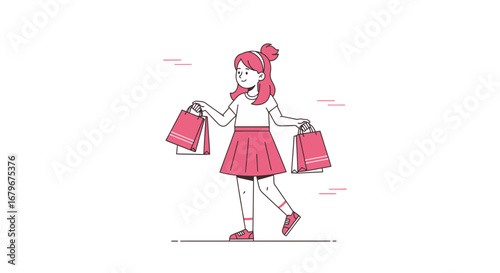 Happy Woman Carrying Shopping Bags Cartoon Illustration In Minimalist Style