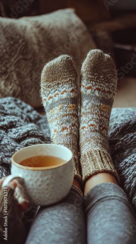 Woman relaxing on sofa with warm socks and herbal tea