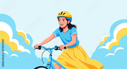 Happy woman cycling in the nature with blue sky and clouds illustration
