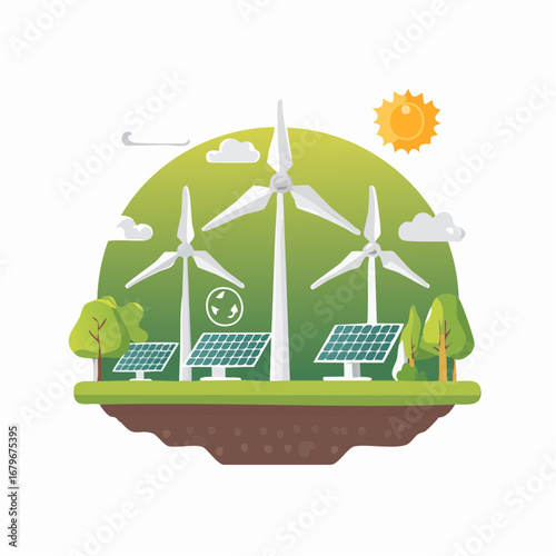 Sustainable Energy Island Wind Turbines and Solar Panels Generating Clean Power