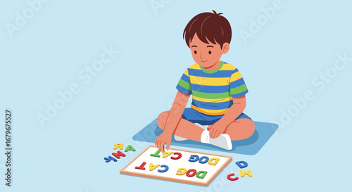 Happy Young Boy Learns to Read and Spell with Colorful Alphabet Letters